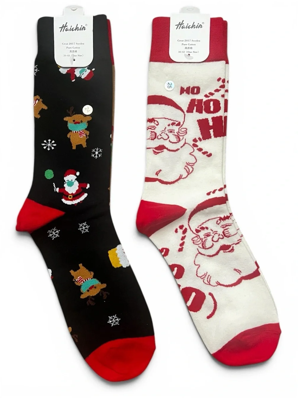 Bundle Of 2 Christmas Crew Socks Santa Reindeer 80% Cotton One Size Festive Cozy